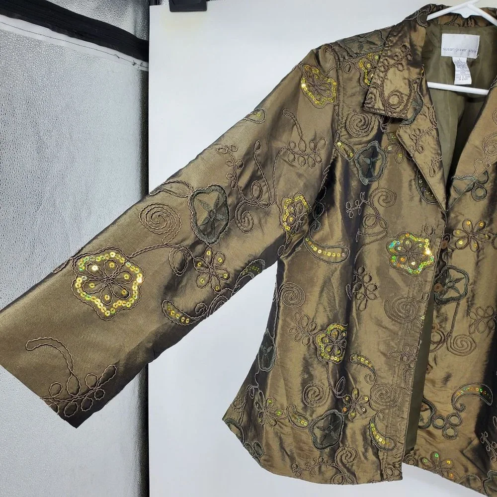 Susan Graver Style Green Floral Print Sequin Blazer Light Suit‎ Coat Large